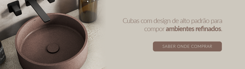 imagem de uma cuba geostone e monocomando rainbow com a chamada: Cubas com design alto padrão para compor ambientes refinados cta: SABER ONDE COMPRAR